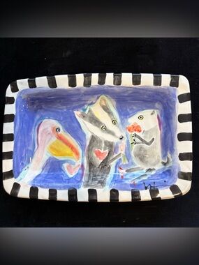 Handmade Ceramic Serving Rectangular Tray “ Badger, Pelican&Opossum 12”x8”